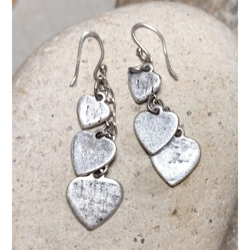 .925 Sterling Silver Hammered Heart Chain Dangle Earrings